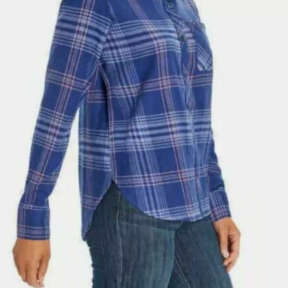 Orvis Flannel Shirt Women's Size XL Blue Plaid Pocket Long Sleeve Lightweight - Picture 2 of 8
